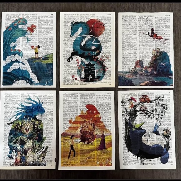 Studio Ghibli Themed Dictionary Art Prints Ponyo Totoro Kiki’s Howls Set of 6 - Picture 1 of 6